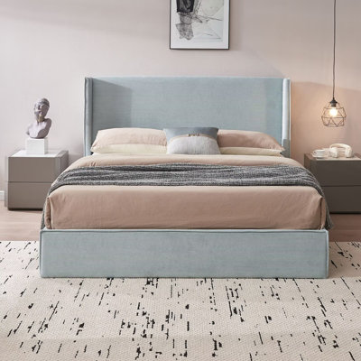 Classic Wingback Upholstered Bed with Lift-Up Storage, Queen, Light Blue Corduroy