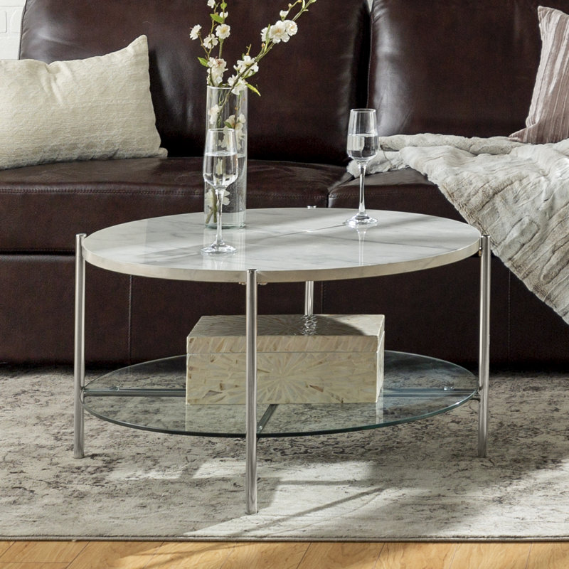 Adelbert Four Leg Coffee Table with Storage, White Marble/Chrome