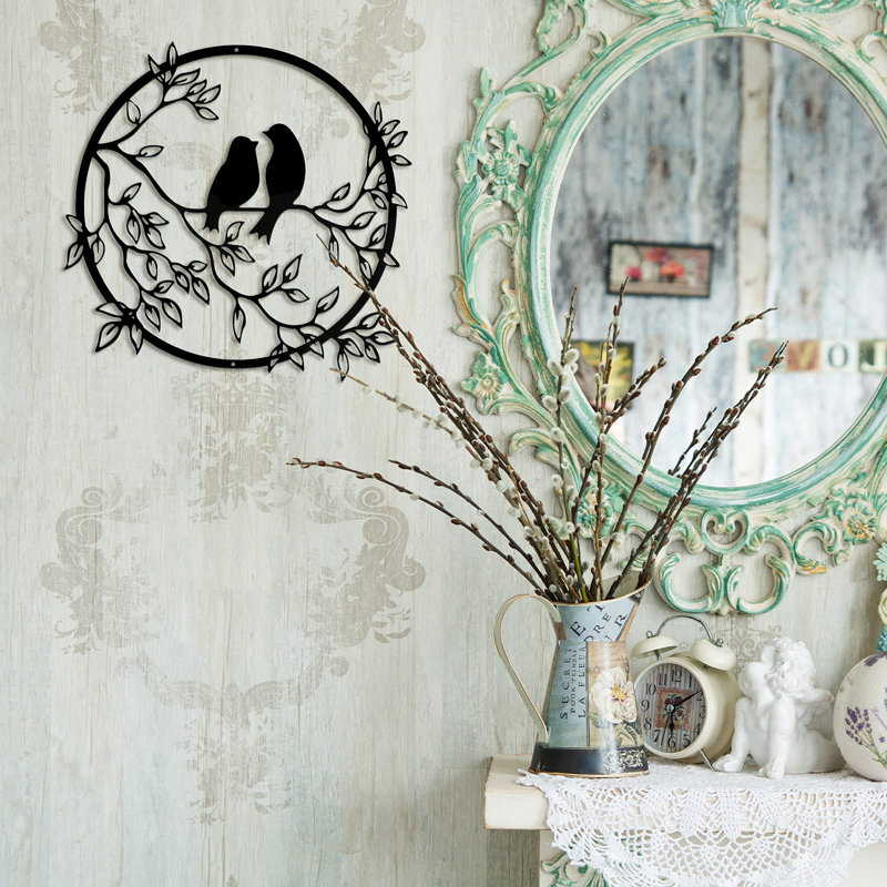Décoration murale en métal avec branche d'oiseau, Noir