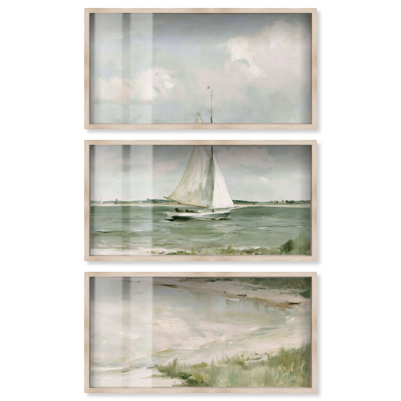 «Pale Sails I Shadowbox Print» par Art Remedy, ensemble de 3, H 66 po x l 44 po, Cadre blond
