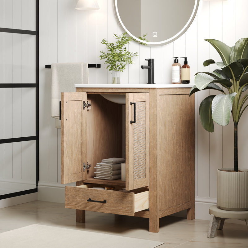 Meuble-lavabo simple 24 po avec plateau en céramique, portes à fermeture en douceur et tiroir