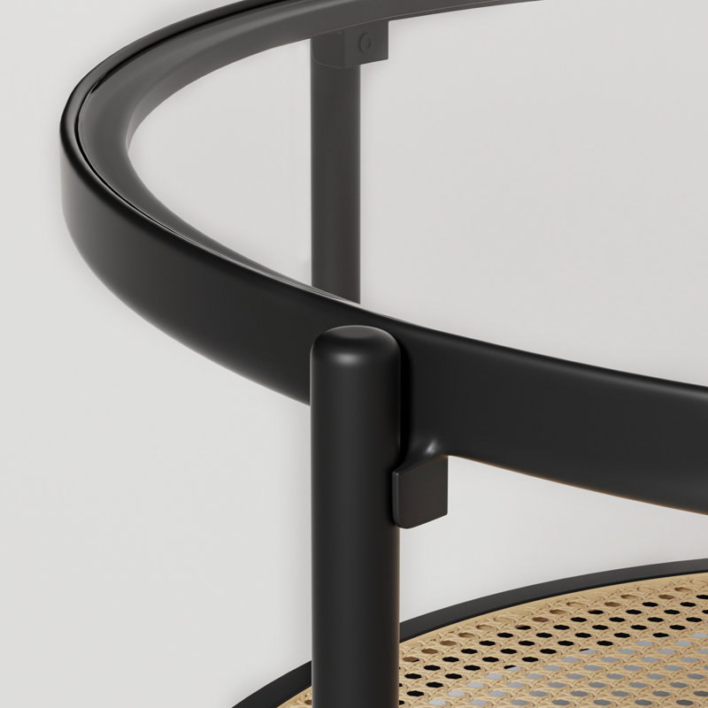 Glass Top Coffee Table with Woven Metal Shelf, Round