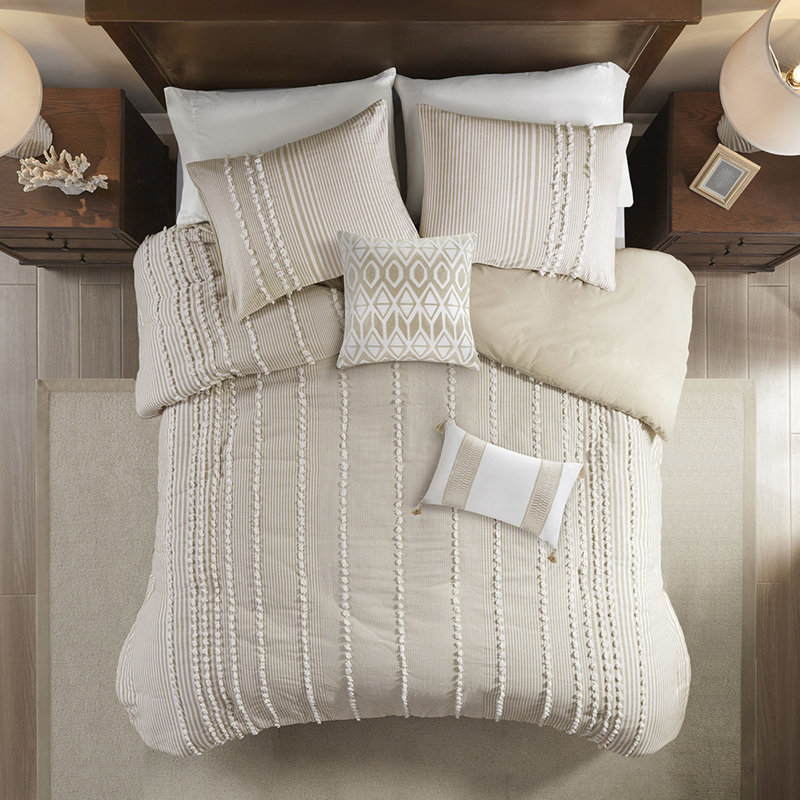 Ensemble de housse de couette 100% coton teinté très grand avec des rayures taupe et blanches en chenille fine 3 pièces