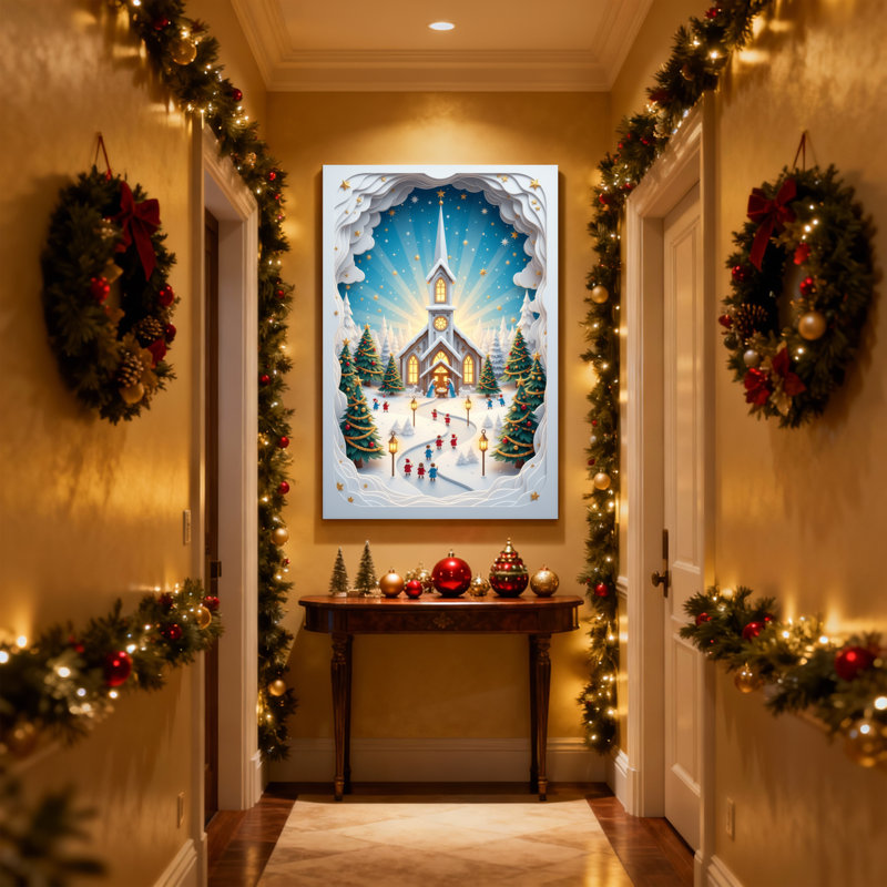 Ensemble de 3 impressions sur toile de Noël, scène d'églises d'hiver avec neige et étoiles, H 36 po x l 24 po