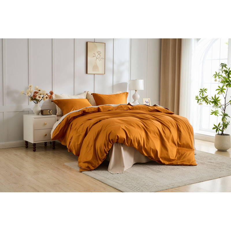 Egyptian Cotton Soft Duvet Cover Set 3Pcs Solid Color, King Duvet Cover + 2 King Shams, Orange