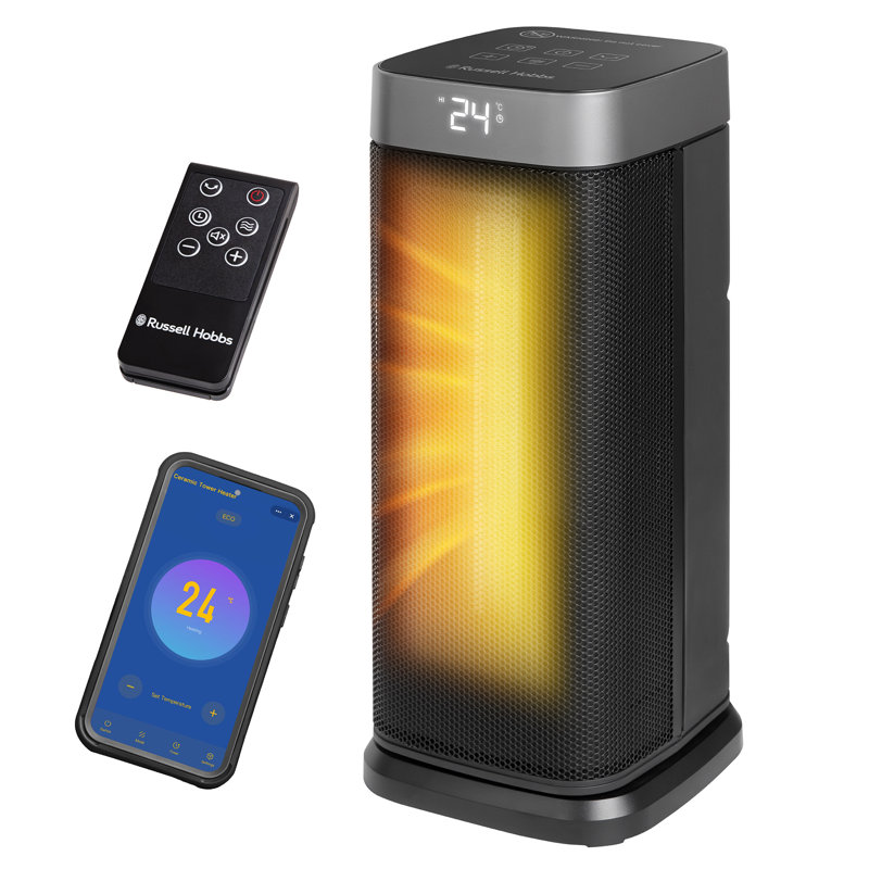 Russell Hobbs® RHCTH2002G-SMT, Square Design 2000W Smart Wi-Fi Enabled Oscillating Ceramic Heater with Digital Display in Black & Gold