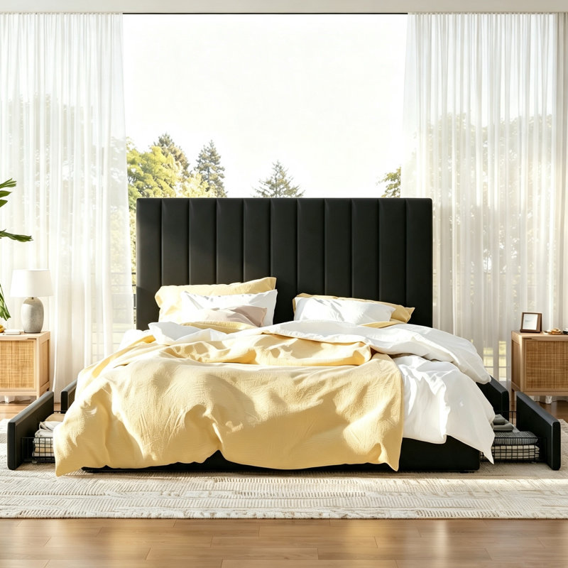 Lit plateforme tapissier avec 4 tiroirs et tête de lit, Black, Grand