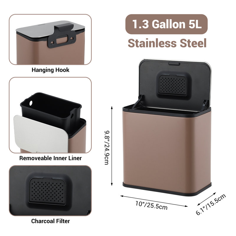 Poubelle suspendue 1,3 gallon, bac de cuisine en acier inoxydable avec couvercle, seau intérieur et filtre à charbon, pour comptoir ou sous l'évier, café