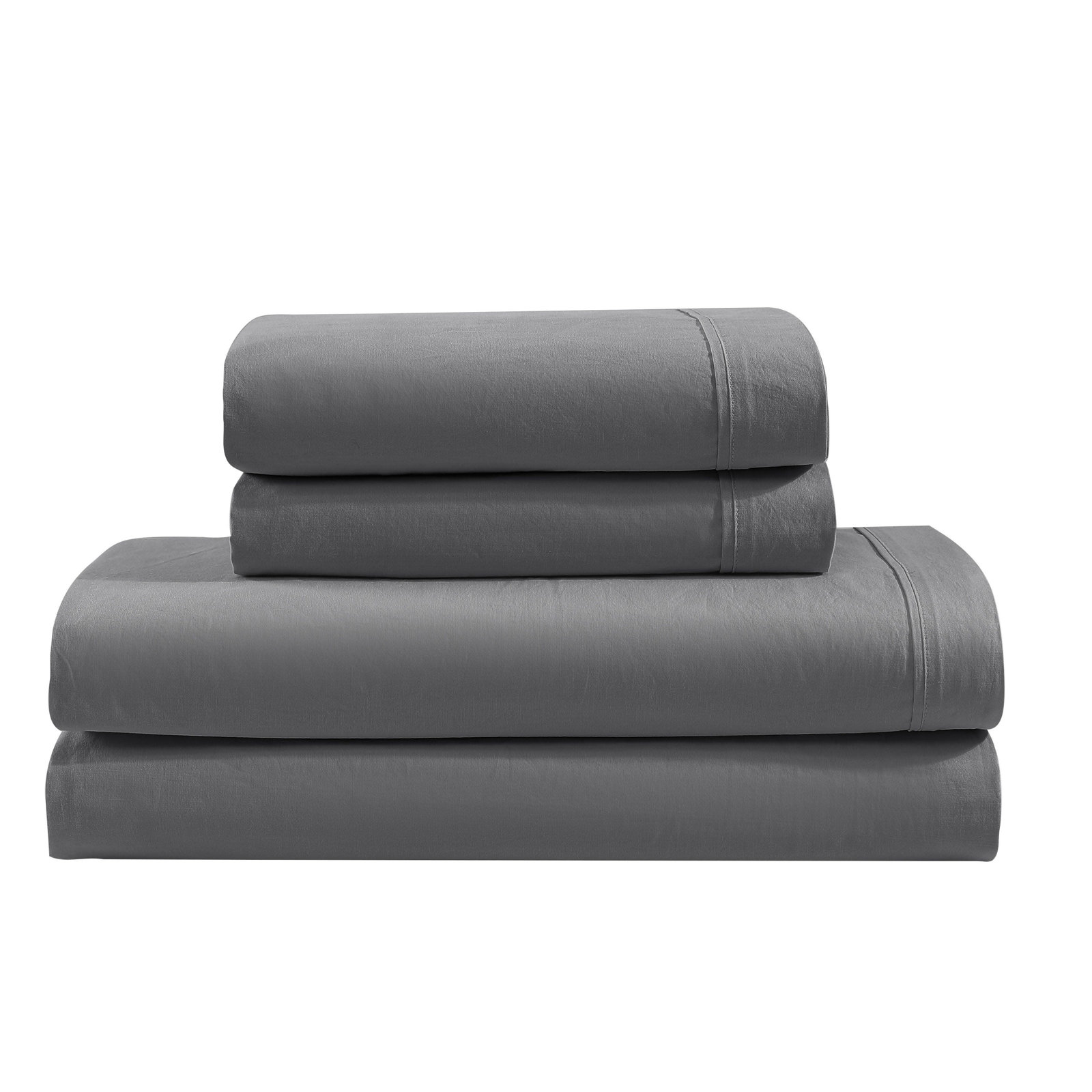 Washed Percale Cotton Sheet Set, Queen Sheet Set with 2 Pillowcases, Dark Gray