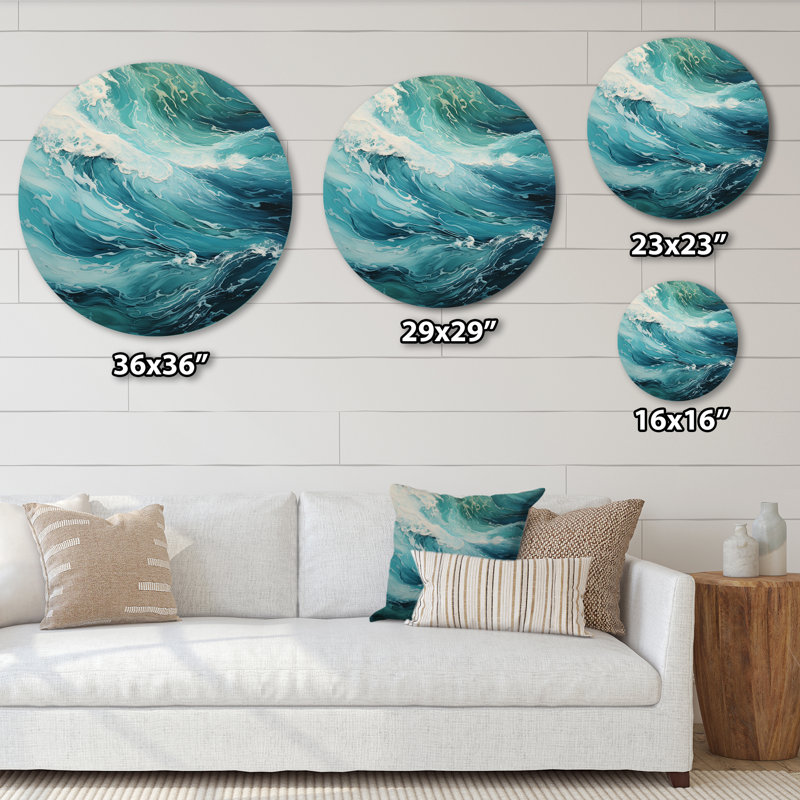 «Ocean Teal Wave Expression» - art mural rond en métal bord de mer, H 29 po x l 29 po