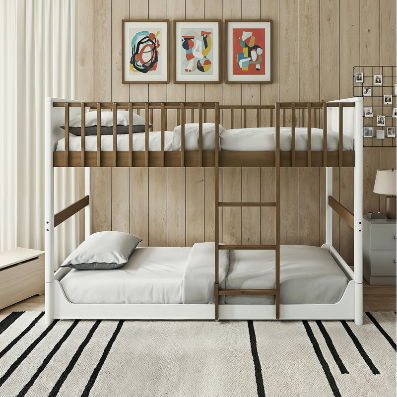 Bustillo Modern Solid Wood Twin Over Twin Bunk Bed, White/Walnut