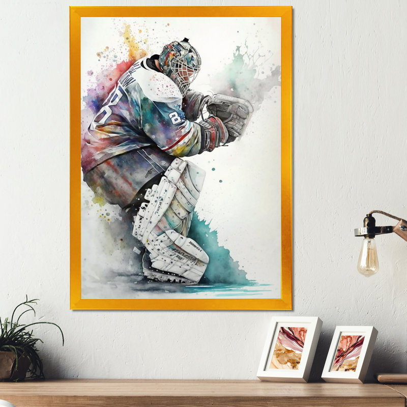 Hockey Gardien pendant le jeu IV - Impression sur toile, H 20 po x l 12 po x P 1 po, Encadrement doré