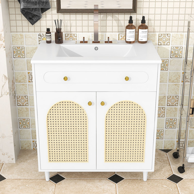Meuble-lavabo en bois avec lavabo en céramique, tablette ajustable et tiroir basculant, Blanc