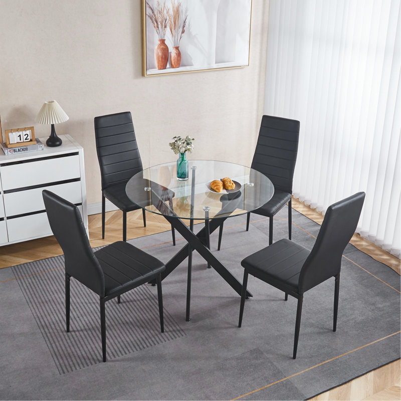 Table de salle à manger moderne noire avec pieds croisés en métal et verre trempé lisse, hauteur 28,33 po, réglable pour la cuisine, plateau en verre simple à assembler, différentes pièces, 40,56 lb, assemblage rapide