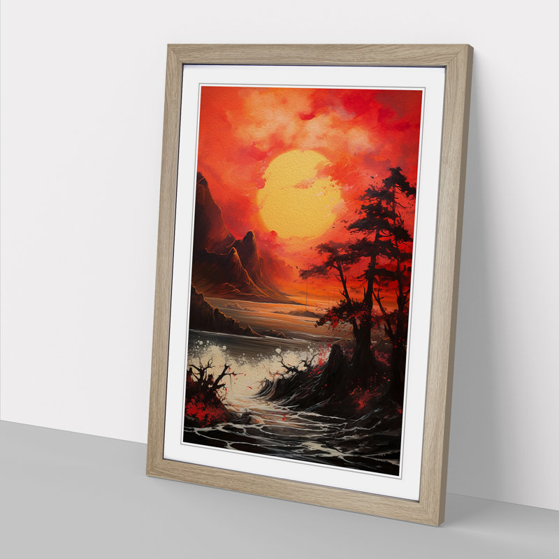 Japanese Sunset Gestural - Single Picture Frame Print on Wood, 34cm H x 25cm W x 2cm D, Oak 