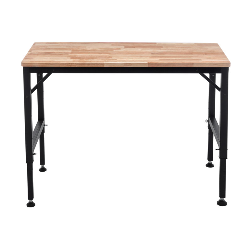 Établi ajustable 48 po pour garage, table d'atelier en bois d'hévéa avec patins en caoutchouc, poste de travail en bois franc, capacité de poids de plus de 2000 lb
