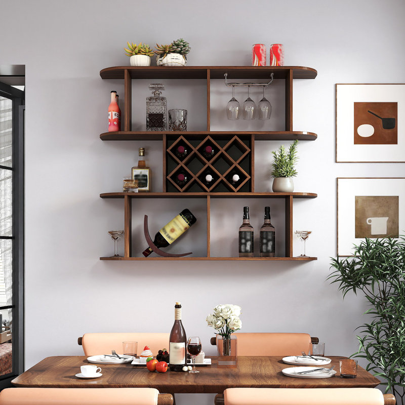 Grand porte-bouteilles mural rustique à 3 niveaux, support à vin mural en bois multifonctionnel, support de rangement avec porte-verres à vin, support de rangement mural pour bouteilles de vin