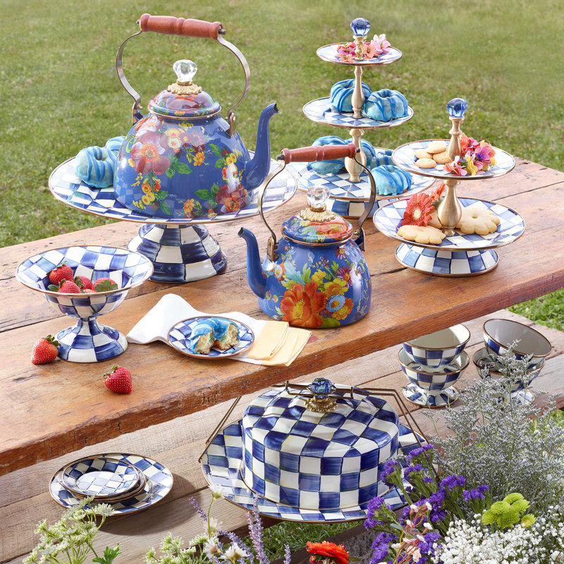 Small Blue Ceramic Tiered Round Pedestal Platter