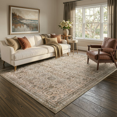 Watte Vintage Floral Border Area Rug, Non-Slip, Washable Beige for Living Room & Bedroom