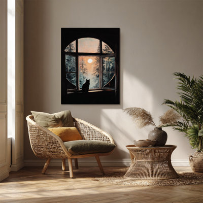 Chat noir à la fenêtre arquée, forêt de lune, art mural toile tendue - décor de salon, de chambre à coucher ou de bureau
