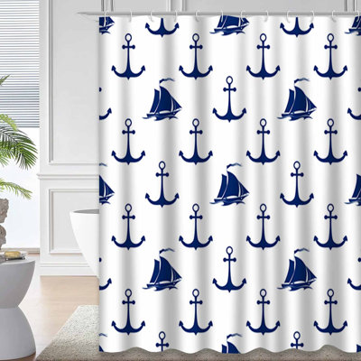 Maritime Sailing Vessel Anchor Blue Shower Curtain with 12 Hooks