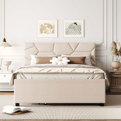 Lit plateforme tapissier avec tête de lit à motif brique, lit gigogne et 2 tiroirs offrant confort, rangement et style contemporain pour votre chambre à coucher