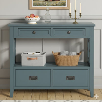 36-Inch Farmhouse Console Table Made Of Pine Wood, Featuring Four Drawers And One Storage Shelf. Functions As An Entryway, Sofa, Or Side Table For The Living Room, Bedroom, Hallway, Or Kitchen. Color: Blue.