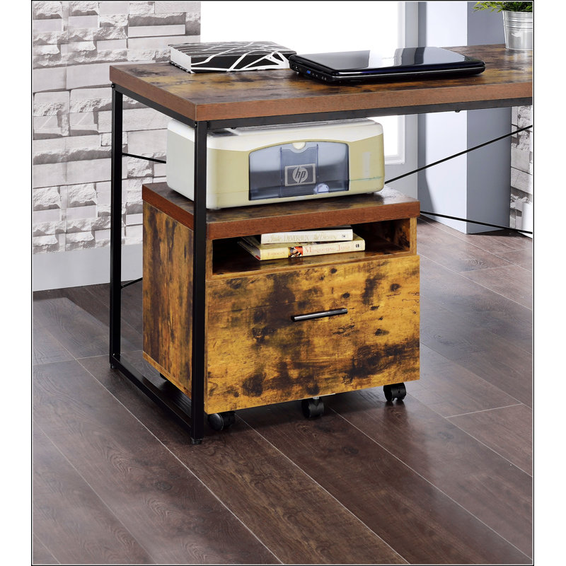 Stylish Weathered Oak & Black File Cabinet With Lockable Drawer And Open Compartment For Modern Office Storage