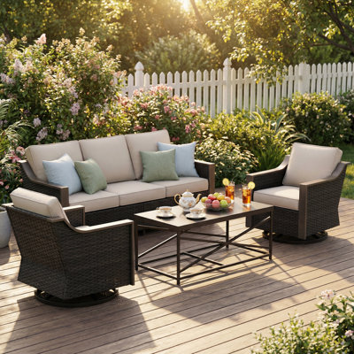 4-Piece Patio PE Wicker Conversation Set with Metal Coffee Table, Sofa, Swivel Chairs & Beige Cushions
