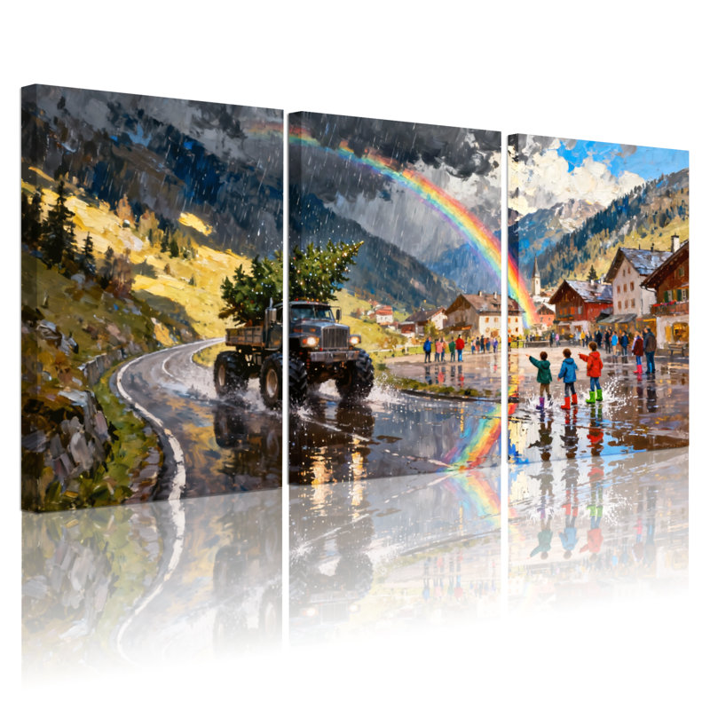 «Christmas Mountain Road Rainbow Truck Village People», ensemble de 3 impressions sur toile, H 36 po x l 72 po