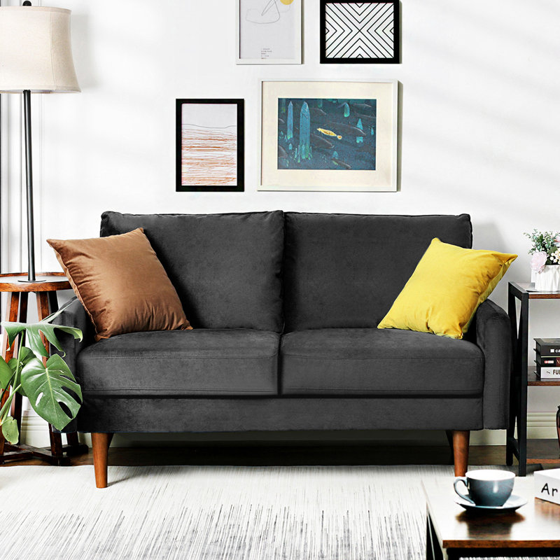 Everly Quinn Hessville Sofa 56" Velvet Round Arm Loveseat, Black Velvet