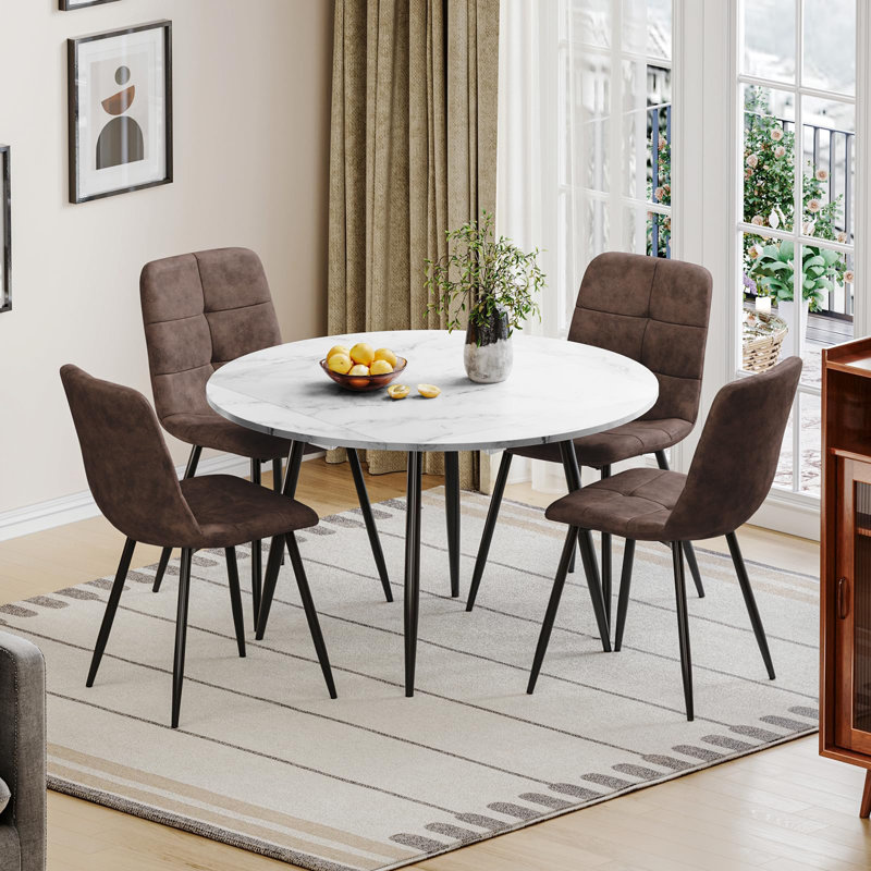 Dining Table And Chairs Set Of 4, Extendable Round Marble Effect Folding Table With Upholstered Tech Fabric Chairs For Dining Room,Kitchen