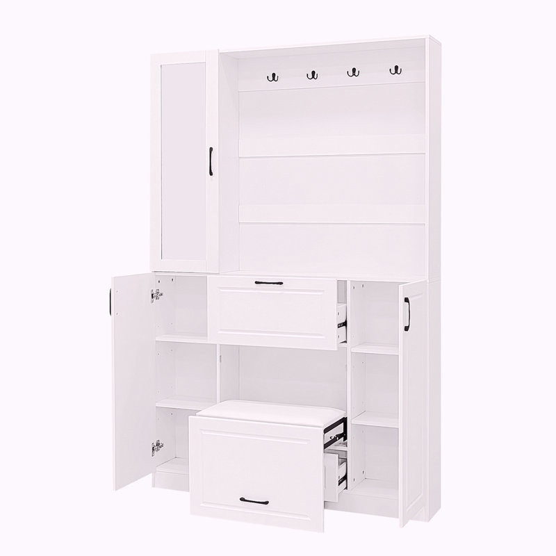 51.1'' Entryway Bench With Integrated Shoe Cabinet , 3-In-1 Design And Mirrored Cabinet Door, Hall Tree With 4 Sturdy Hooks And Foldable Seat For Entrance, Living Room