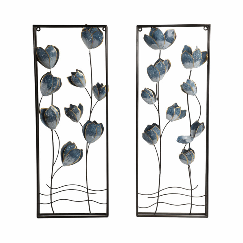 Ensemble de 2 panneaux muraux en métal Lark Manor ™ Blooming Flowers, bleu fer, 32 pouces, parfait pour toute pièce
