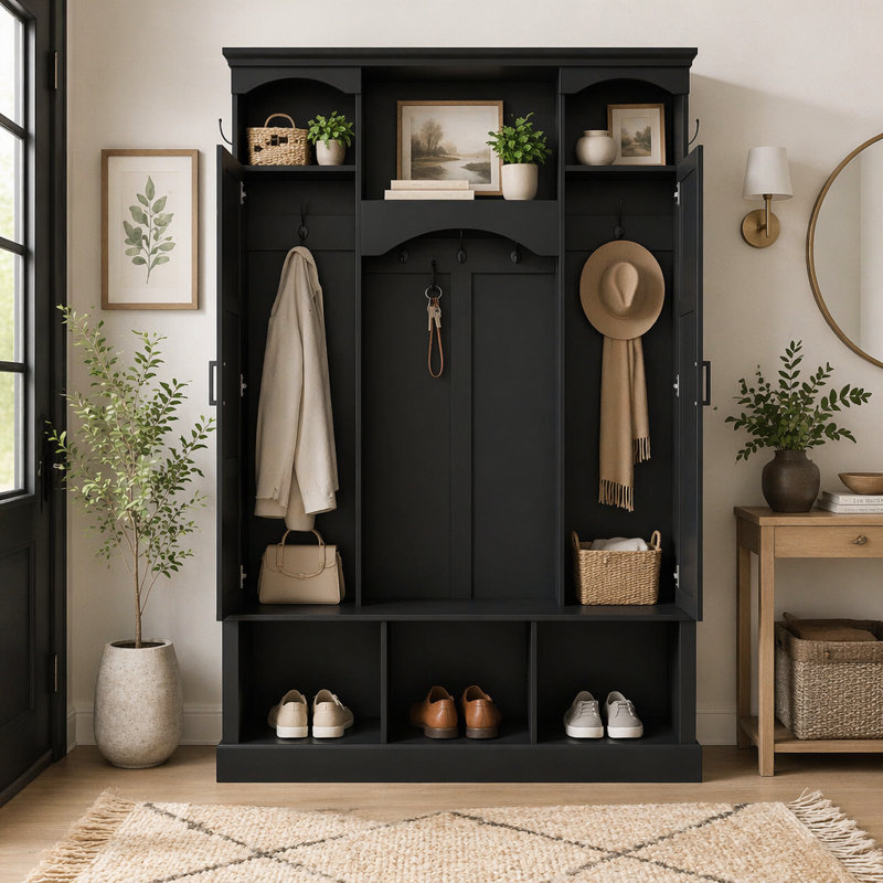 Arbre de couloir moderne tout-en-un avec tablettes réglables, banc de rangement de style campagnard arqué classique avec armoires latérales doubles