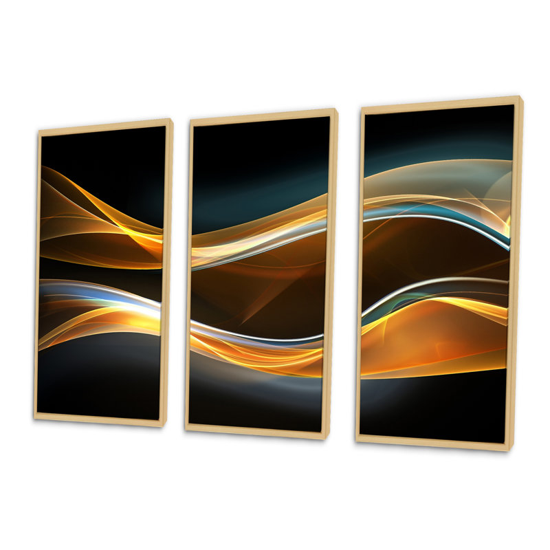 Vagues 3D dorées en noir - ensemble de 3 toiles abstraites encadrées, H 28 po x l 36 po x P 1 po, Cadre brun