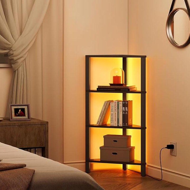 Corner Shelf with LED Light, 4-Tier Corner Bookshelf for Small Space, Narrow Display Corner Shelf Stand