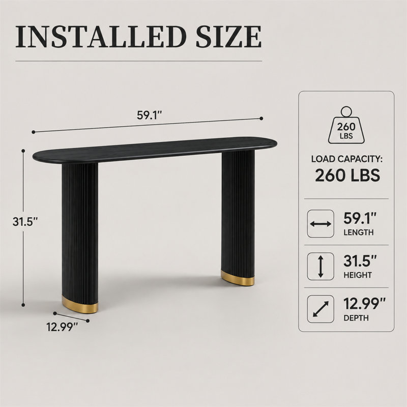 Console ovale moderne 59,1 "avec base en acier inoxydable doré brossé et pieds en bois de frêne, noir, Black