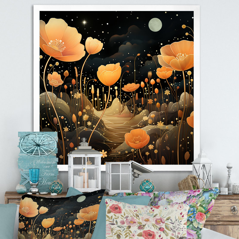 Orange orange clair de lune, prairies florales - souci, art mural, Cadre simple blanc, H 36 po x l 36 po x P 1,5 po