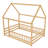 Full Size Floor Wooden Bed With House Roof Frame,Fence Guardrails,Natural-17507671-17507670