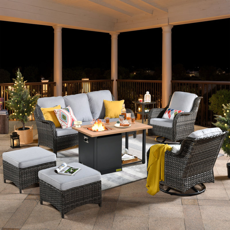 7 Piece Sofa Seating Group With Fire Pit And Cushions, White