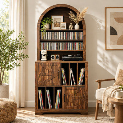 Arched Bookshelf Vinyl Record Storage Cabinet, Tall Turntable Cabinet with Closed Doors, Mid‑Century Modern Record Player Stand, Freestanding Record Cabinet for LP Album, DVD, Books for Living Room