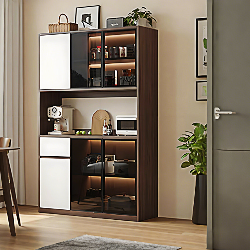 55.12" Walnut Tone Eco Wood Tall Sideboard Cabinet, Coffee Bar Storage Cabinet with Tempered Glass Doors