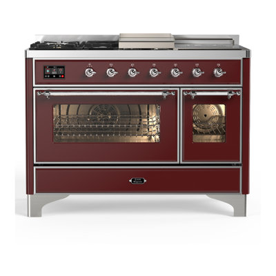 Cuisinière à double combustible de 48 pouces avec 5 brûleurs scellés, plaque chauffante et comptoir en bourgogne Majestic III Series (gaz naturel, garniture chromée)