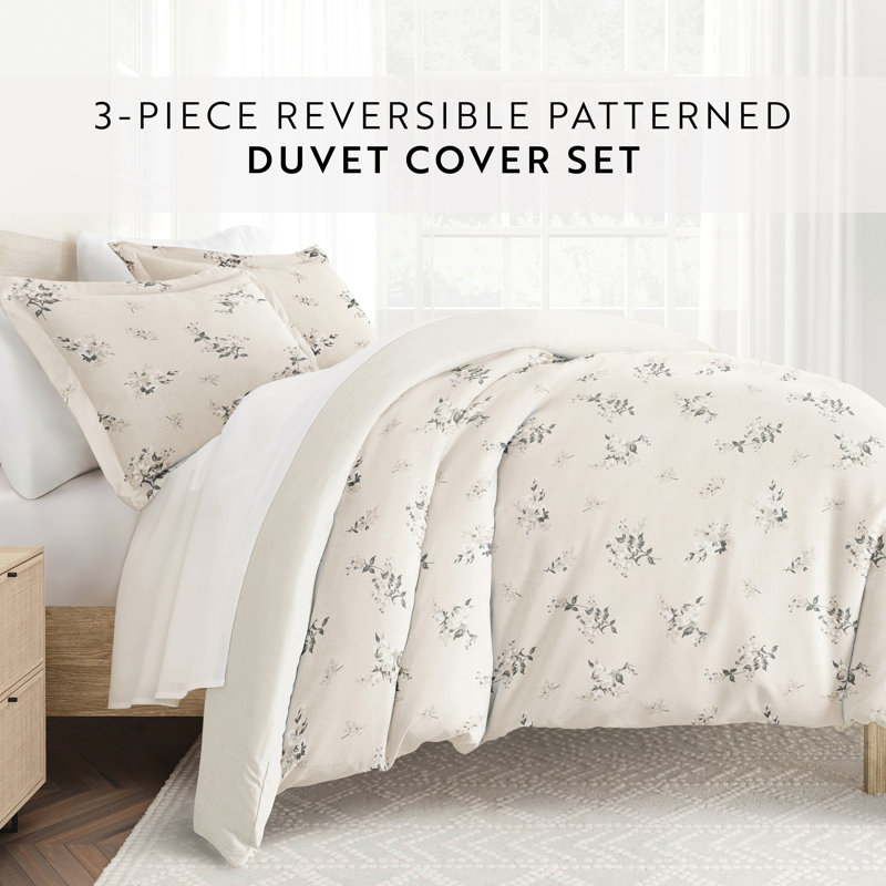 Ivory Floral Twin Microfiber Duvet Cover Set