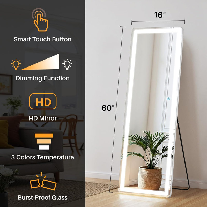 Mirror Full Length With LED Lights,Full Body Wall Mirror, Lighted Floor Standing Mirror, Hanging Or Leaning W/Dimming 3 Color Lighting, Tall Mirror For Modern Home Decor
