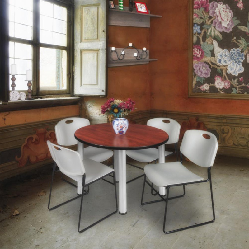 Plateau de table Kee, 4 chaises empilables Zeng, Gris, Cerisier / chrome, H 29 po x l 36 po x P 36 po
