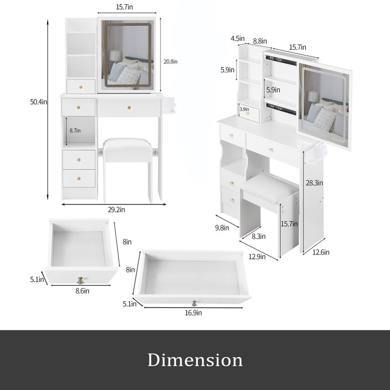 Petit meuble-lavabo de 29,2 po avec tabouret de bureau et tabouret rembourré à gauche 29,5 po, grande commande tactile, interrupteur tricolore, miroir à luminosité réglable, rangement à grande capacité, convient aux petits espaces