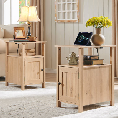 Willkie Farmhouse Nightstand Set , End Table with Charging Station, w/Barn Door & Open Shelves