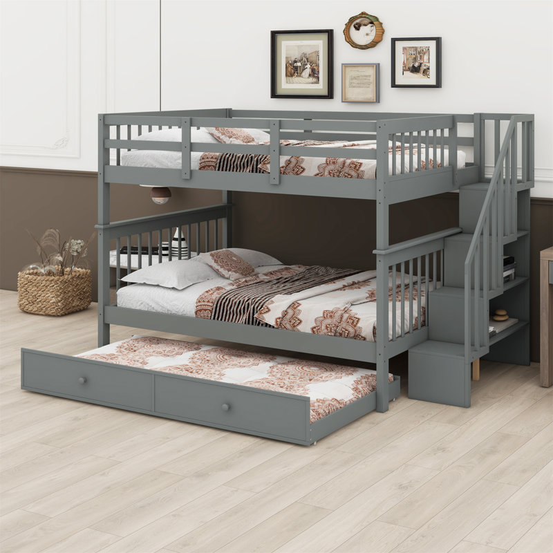 Stairway Bunk Bed With Trundle, Storage And Guard Rail, Gray